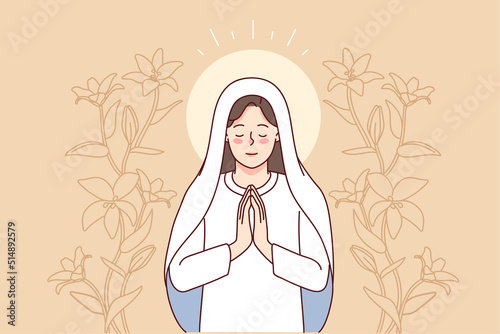 Virgin Mary surrounded by lilies praying. Mother of Jesus Christ in prayer. Faith and religion. Vector illustration. 