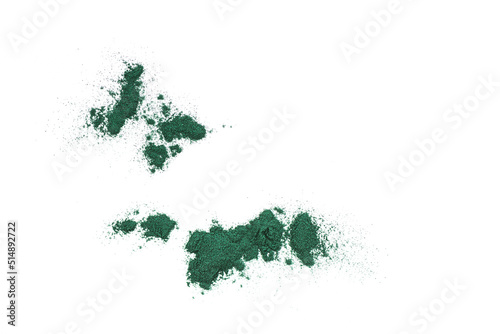 Heap of spirulina algae powder isolated on white background. Superfood spirulina powder.