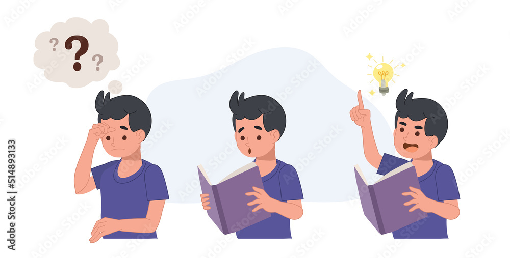 confused kid and understand or found answer.boy reading book then got some idea.Flat vector cartoon illustration confused kid and understand or found answer.boy reading book then got some idea.Flat vector cartoon illustration