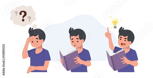confused kid and understand or found answer.boy reading book then got some idea.Flat vector cartoon illustration