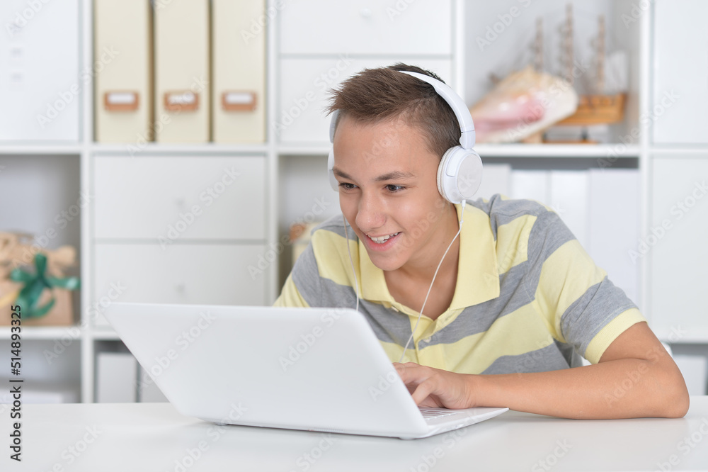 boy using modern laptop at home boy using modern laptop at home