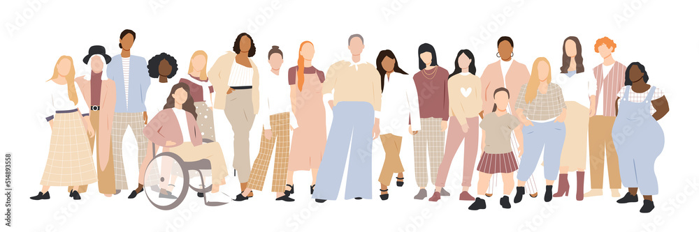 Women of different ethnicities stand side by side together. Flat vector illustration. Women of different ethnicities stand side by side together. Flat vector illustration.