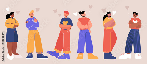 Concept of self love and care with happy people hug themselves. Vector flat illustration of diverse positive men and women with esteem and love to their body and mind