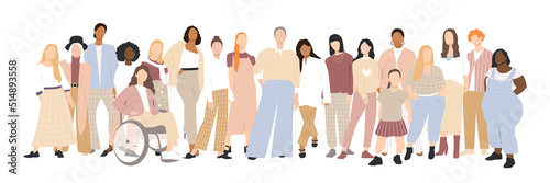 Women of different ethnicities stand side by side together. Flat vector illustration.