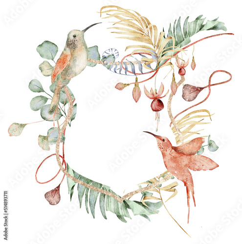 Watercolor tropical exotic frame with hummingbird hand drawn illustration