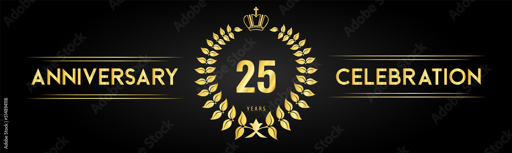 Naklejka premium 25 years anniversary celebration logo with laurel wreath and royal crown isolated on black background. Premium design for happy birthday, wedding, celebration events, greetings card, graduation.