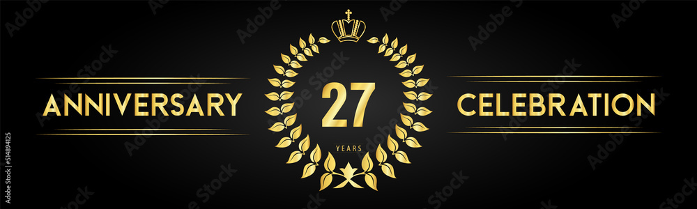 Naklejka premium 27 years anniversary celebration logo with laurel wreath and royal crown isolated on black background. Premium design for happy birthday, wedding, celebration events, greetings card, graduation.