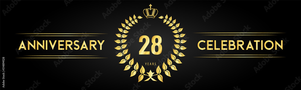 Naklejka premium 28 years anniversary celebration logo with laurel wreath and royal crown isolated on black background. Premium design for happy birthday, wedding, celebration events, greetings card, graduation.