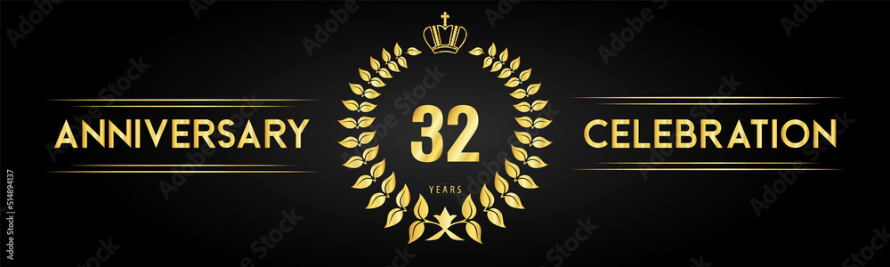 Naklejka premium 32 years anniversary celebration logo with laurel wreath and royal crown isolated on black background. Premium design for happy birthday, wedding, celebration events, greetings card, graduation.