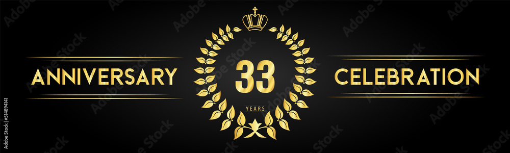 Naklejka premium 33 years anniversary celebration logo with laurel wreath and royal crown isolated on black background. Premium design for happy birthday, wedding, celebration events, greetings card, graduation.