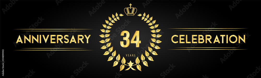 Naklejka premium 34 years anniversary celebration logo with laurel wreath and royal crown isolated on black background. Premium design for happy birthday, wedding, celebration events, greetings card, graduation.