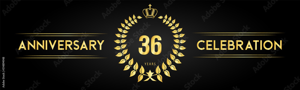Naklejka premium 36 years anniversary celebration logo with laurel wreath and royal crown isolated on black background. Premium design for happy birthday, wedding, celebration events, greetings card, graduation.