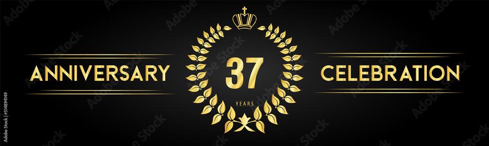 Naklejka premium 37 years anniversary celebration logo with laurel wreath and royal crown isolated on black background. Premium design for happy birthday, wedding, celebration events, greetings card, graduation.