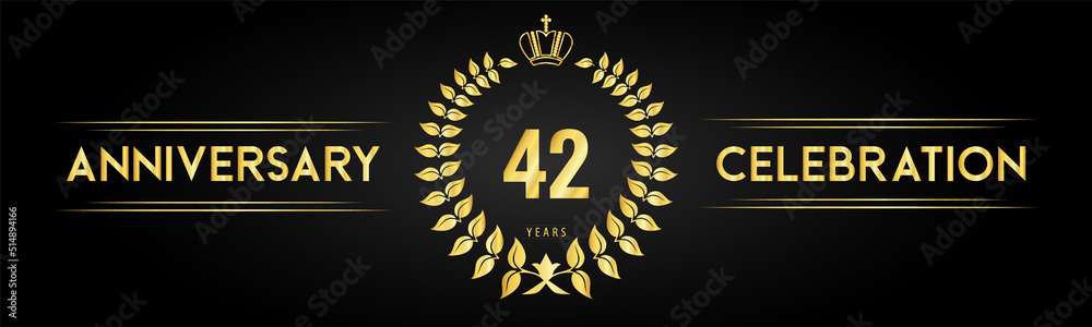Naklejka premium 42 years anniversary celebration logo with laurel wreath and royal crown isolated on black background. Premium design for happy birthday, wedding, celebration events, greetings card, graduation.