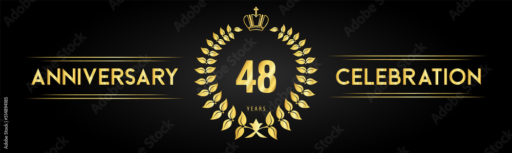Naklejka premium 48 years anniversary celebration logo with laurel wreath and royal crown isolated on black background. Premium design for happy birthday, wedding, celebration events, greetings card, graduation.