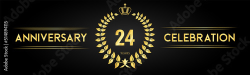 24 years anniversary celebration logo with laurel wreath and royal crown isolated on black background. Premium design for happy birthday, wedding, celebration events, greetings card, graduation.