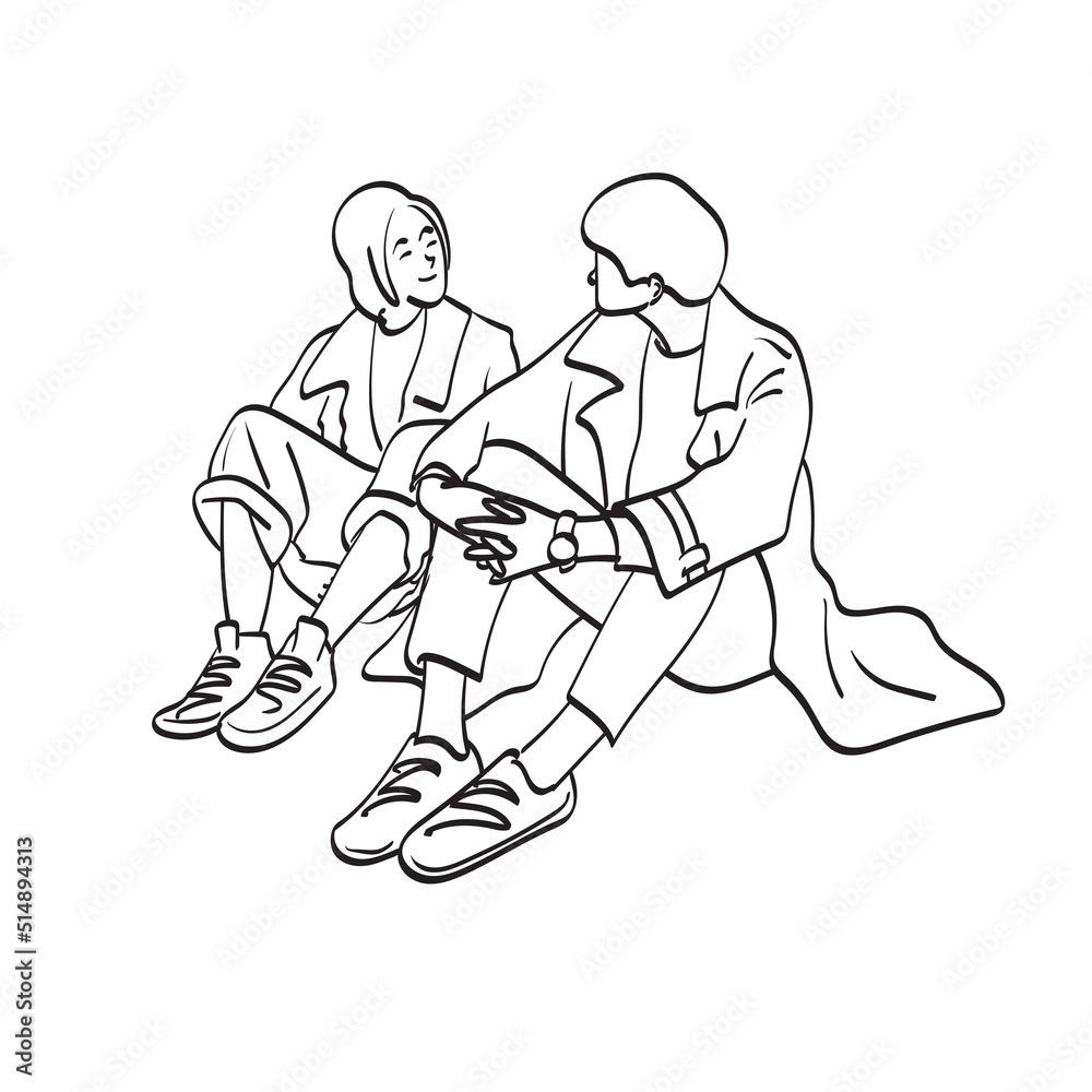 line art couple lovers in coat sitting and talking to each other illustration vector hand drawn isolated on white background