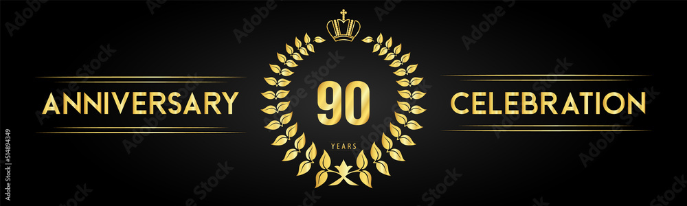 Naklejka premium 90 years anniversary celebration logo with laurel wreath and royal crown isolated on black background. Premium design for happy birthday, wedding, celebration events, greetings card, graduation.