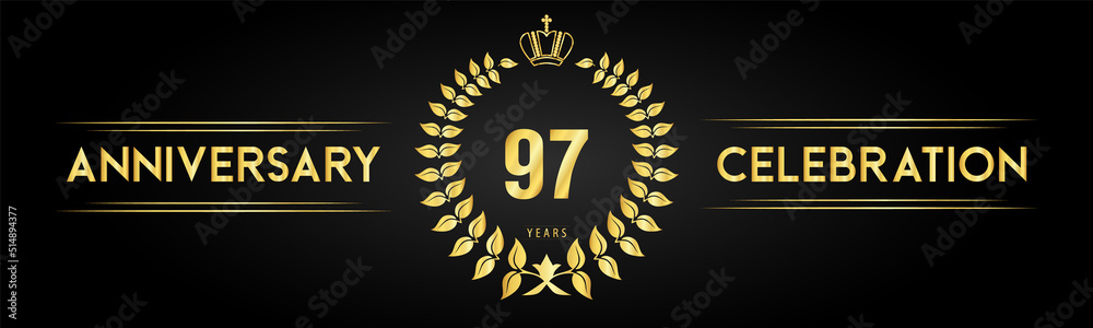 Naklejka premium 97 years anniversary celebration logo with laurel wreath and royal crown isolated on black background. Premium design for happy birthday, wedding, celebration events, greetings card, graduation.