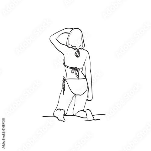 line art rear view of a woman in a bikini sitting illustration vector hand drawn isolated on white background