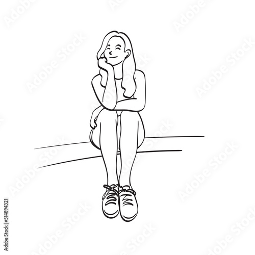 line art smiling woman with long hair sitting with hand touching chin illustration vector hand drawn isolated on white background