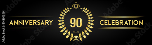 90 years anniversary celebration logo with laurel wreath and royal crown isolated on black background. Premium design for happy birthday, wedding, celebration events, greetings card, graduation.