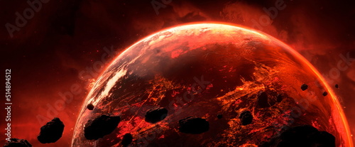 Asteroids flying in space fall on planet, belt of large metallic asteroids enters the planet atmosphere. Rocks and debris swarm in space, cosmic background. 3d rendering