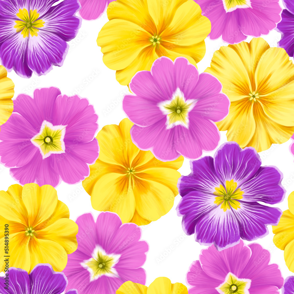 seamless pattern with drawing flowers of purple and yellow primrose at white background , hand drawn botanical illustration