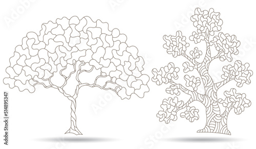 Set of contour illustrations in stained glass style with abstract trees, dark outlines on a white background