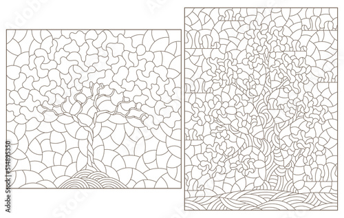 Set of contour illustrations in stained glass style with abstract trees, dark outlines on a white background