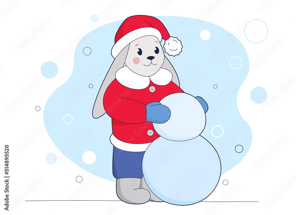 Cute little rabbit in red hat is making snowman. Winter design.