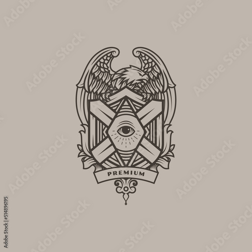 Eagle with spread wings holding vintage emblem with one eye on the center Vector Logo Illustration