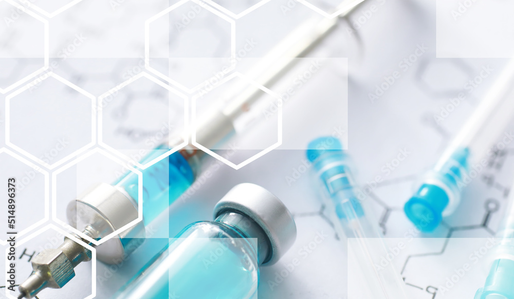 small jars with injection and syringe for injection on a blue background near the chemical formula small jars with injection and syringe for injection on a blue background near the chemical formula