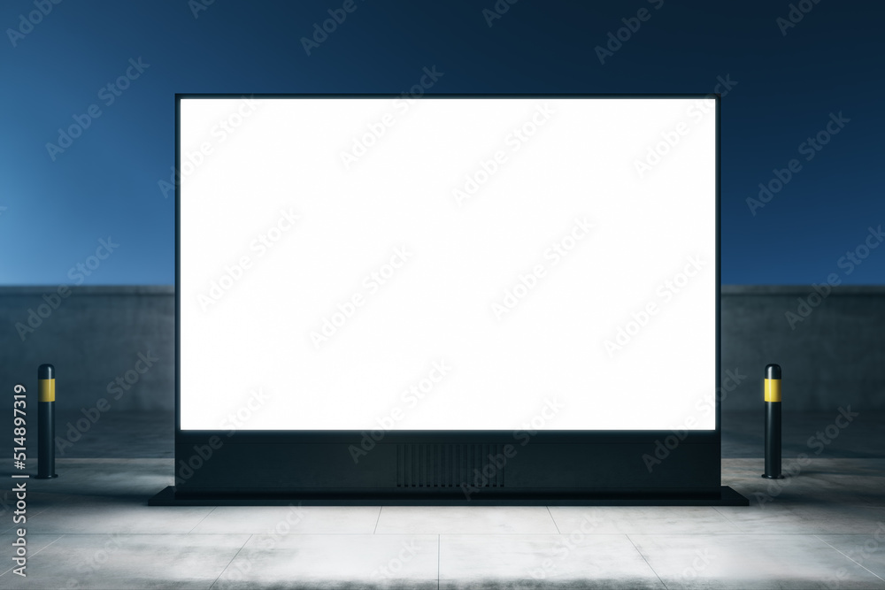 Outdoor advertising concept with front view on blank white illuminated billboard with place for your logo or text on night city street background. 3D rendering, mockup