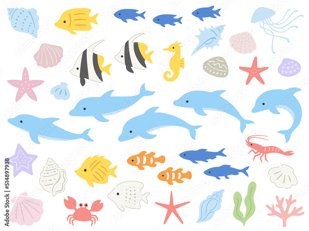 イルカと熱帯魚と色々な海の生き物のイラストセット