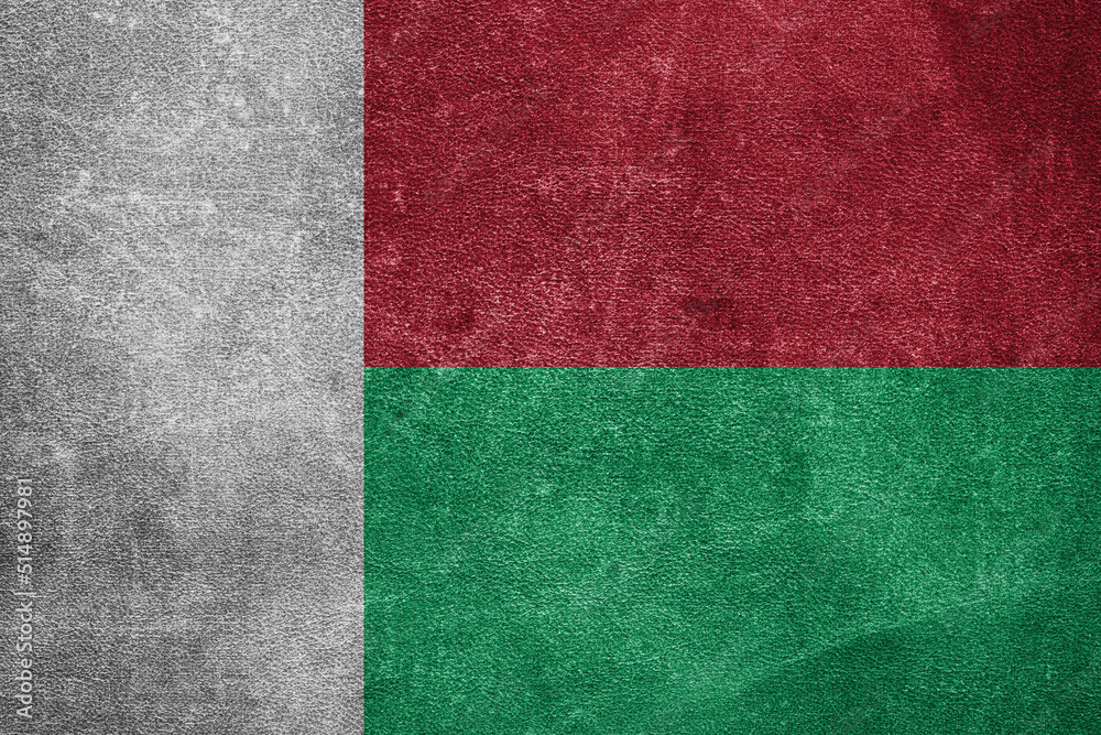 Old leather shabby background in colors of national flag. Madagascar