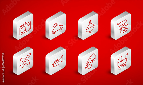 Set line Baby stroller, Radio controlled car toy, Whirligig, Yoyo, Toy horse, Photo camera, Trumpet and plane icon. Vector