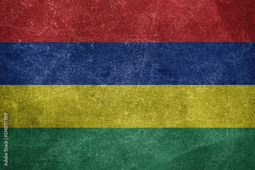 Old leather shabby background in colors of national flag. Mauritius
