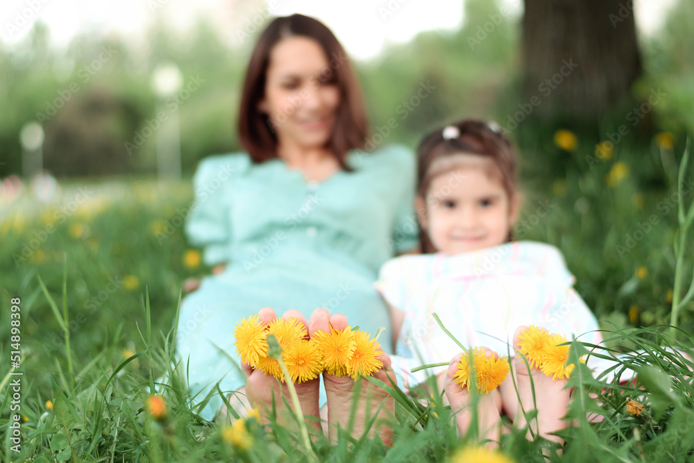 Blurry mother and daughter sitting on the grass in the park on a summer day.In the foreground are bare feet with dandelion flowers between the toes.Summer,closeness to nature,simple slow living. Blurry mother and daughter sitting on the grass in the park on a summer day.In the foreground are bare feet with dandelion flowers between the toes.Summer,closeness to nature,simple slow living.