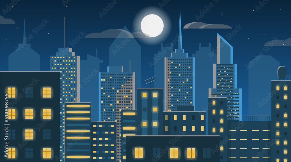 Night city landscape. Vector illustration cityscape. Game background.