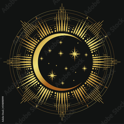 Moon and sun in gold style logo. Moon vector. Vector illustration element. Collection isolated vector. Boho tattoo art. Line art style.