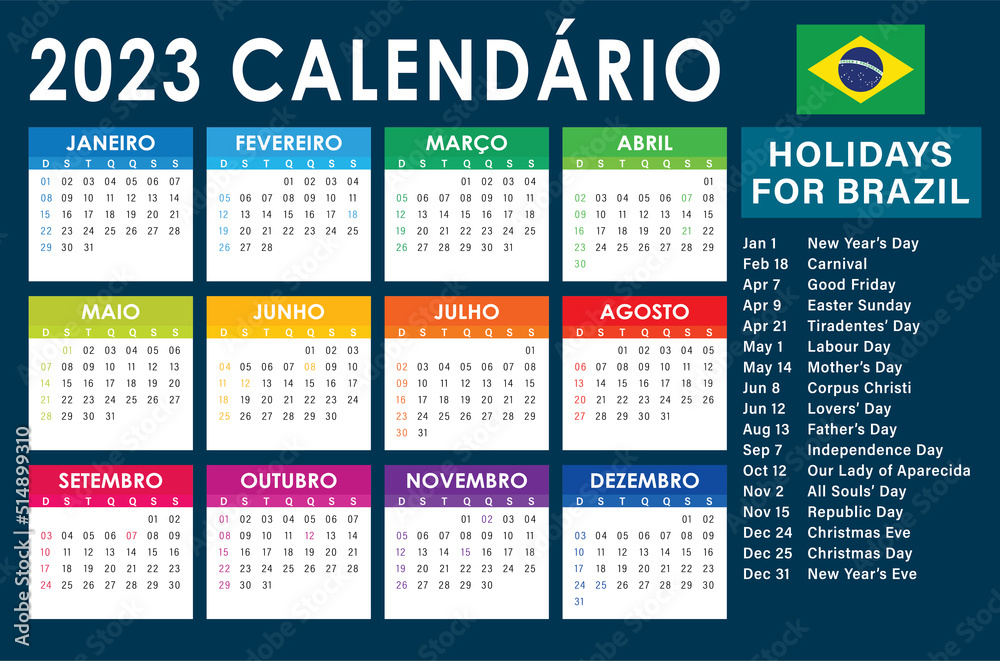 2023 Calendar Vector, brazilian version With Holidays Stock Vector