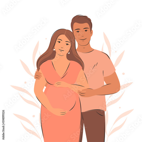 Future parents, pregnant woman. Child expectation, happy family. Pregnancy and breastfeeding concept. Vector illustration.