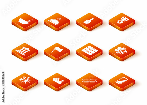 Set Sun and snowflake, Cargo ship, Bank building, Flag, Chain link and Furniture nightstand icon. Vector