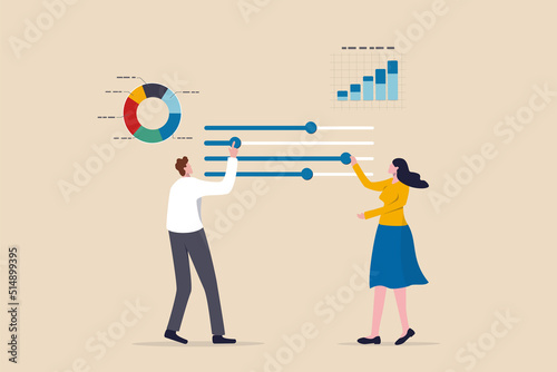 Control panel or slider for marketing campaign optimization, SEO or online service customization, application development concept, business people control slider bar interface to optimize system.