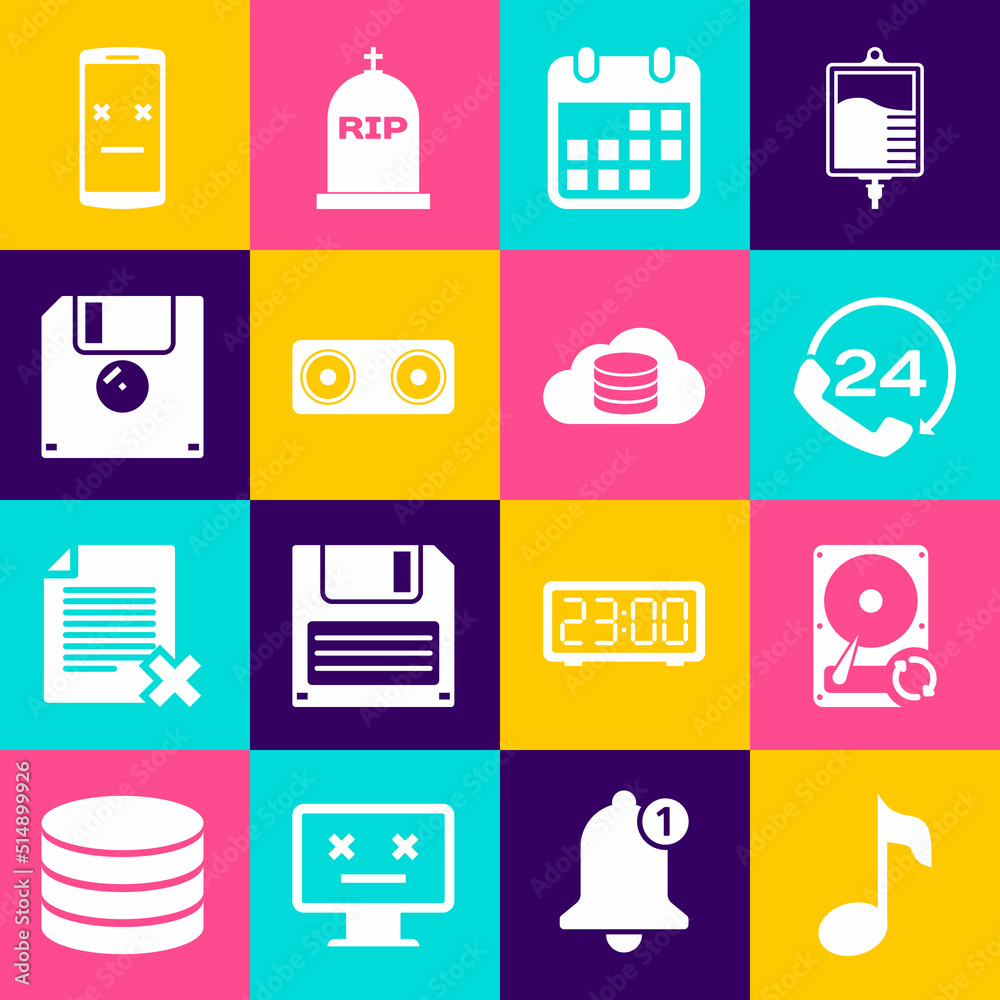 Set Music note, tone, Hard disk drive HDD sync refresh, Telephone 24 hours support, Calendar, Stereo speaker and Floppy icon. Vector Set Music note, tone, Hard disk drive HDD sync refresh, Telephone 24 hours support, Calendar, Stereo speaker and Floppy icon. Vector