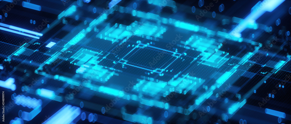 3D rendering of cyberpunk AI. Circuit board. Technology background ...