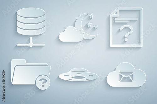 Set UFO flying spaceship, Unknown document, directory, Cloud mail server, with moon and stars and Server, Data, Web Hosting icon. Vector