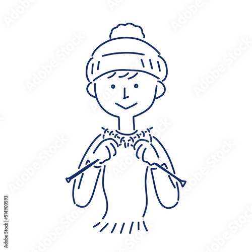 マフラーを編む男の子の線画イラスト