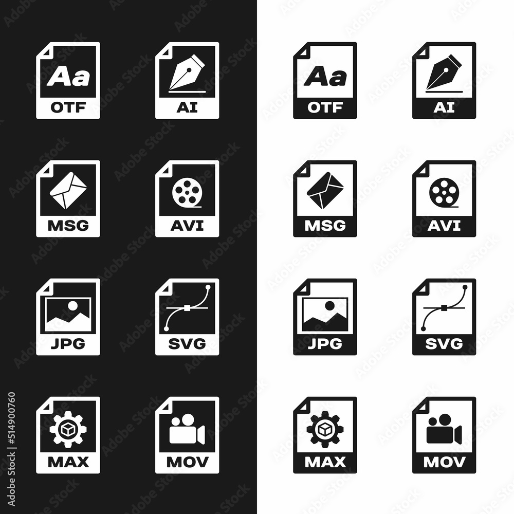 Set AVI file document, MSG, OTF, AI, JPG and SVG icon. Vector Set AVI file document, MSG, OTF, AI, JPG and SVG icon. Vector